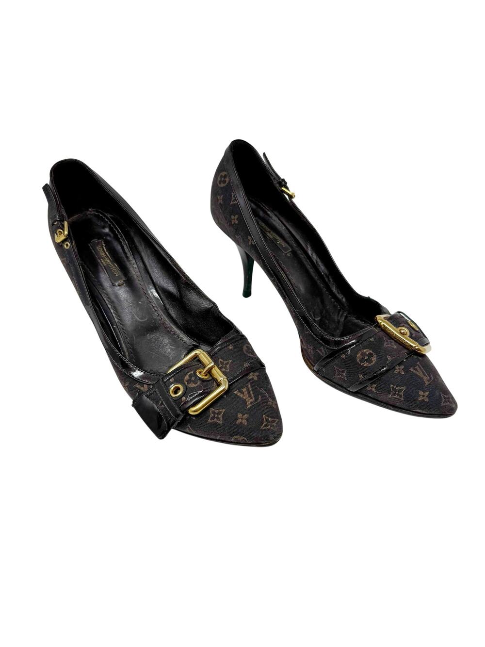 Louis Vuitton Monogram Buckle Pumps Brown Canvas Logo Stiletto Heels 38.5 EU
